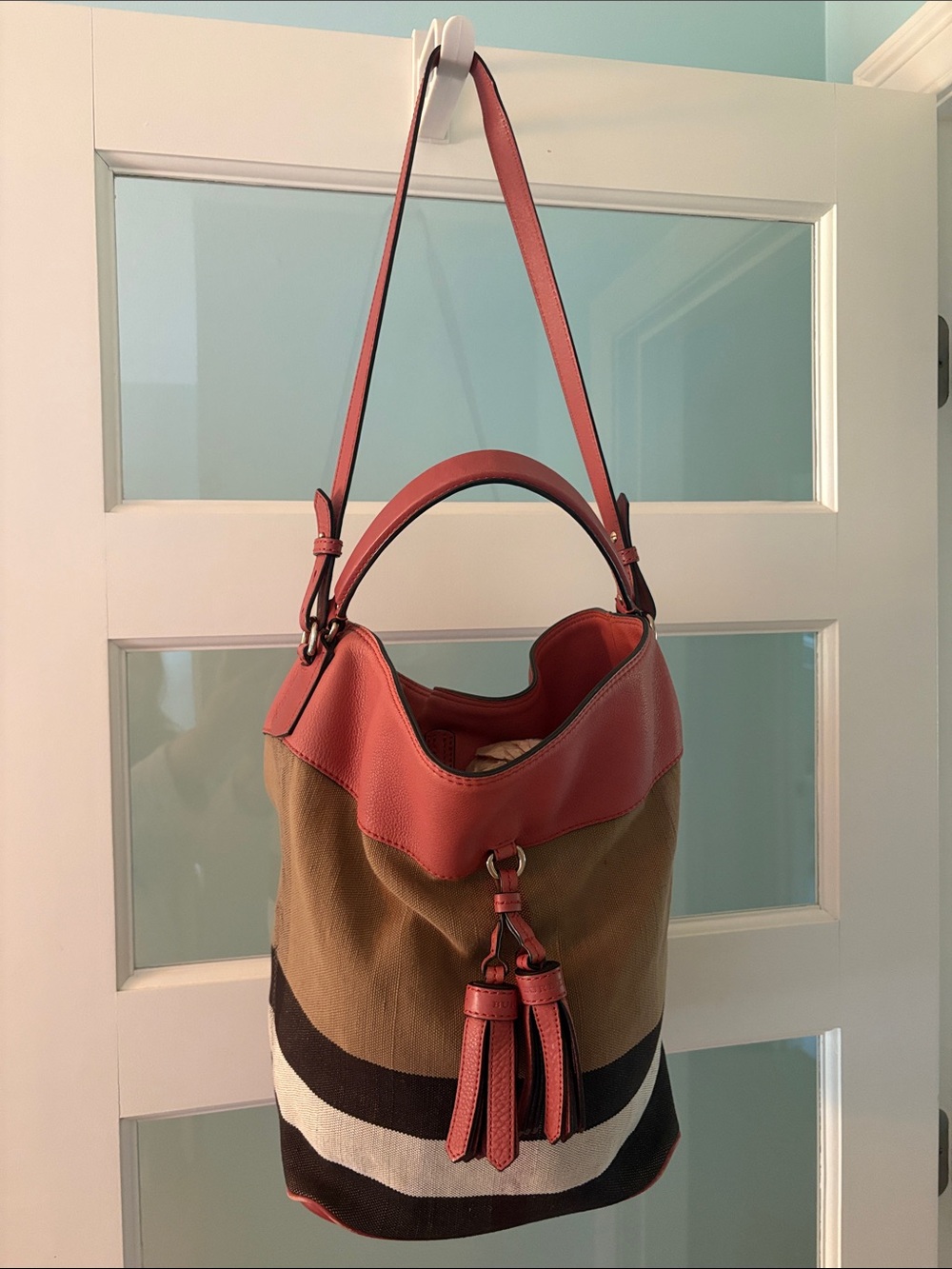 Burberry Ashby Tassel Bucket Bag Mega Check Canvas accented & Pink Calfskin COA
